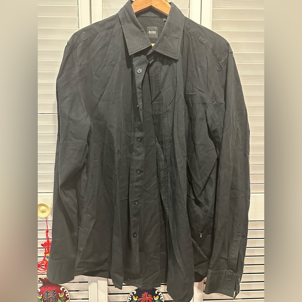 Boss Solid black button up long sleeve shirt size xl